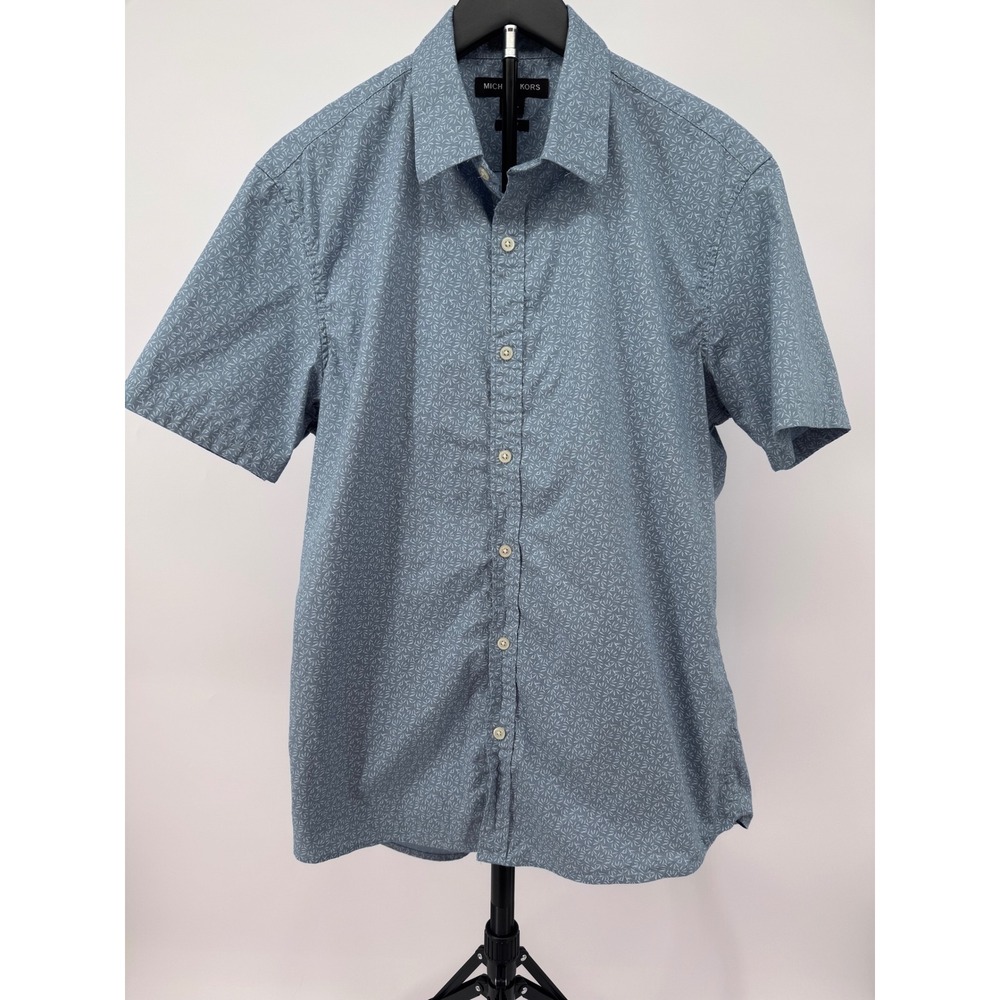 Michael Kors Mens Blue Floral Slim Fit Short Sleeve Button Down Shirt Large